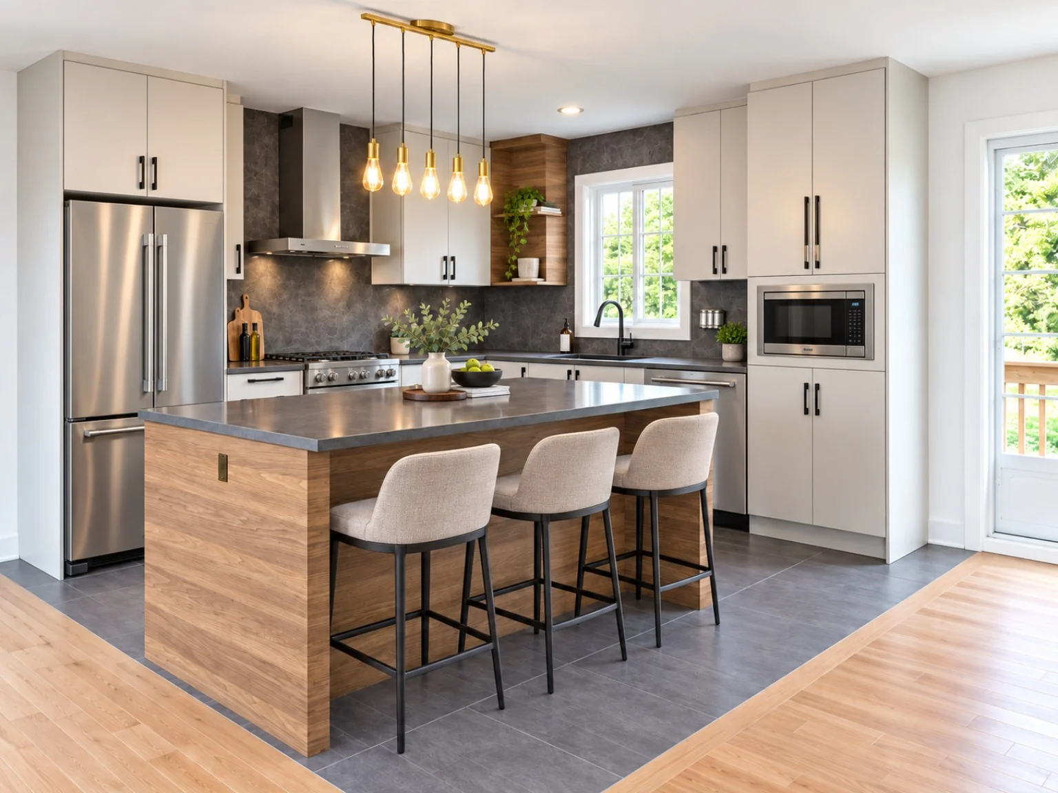 Cuisine claire avec grand îlot en bois et accents noirs réalisée par Cuisine Esthétique