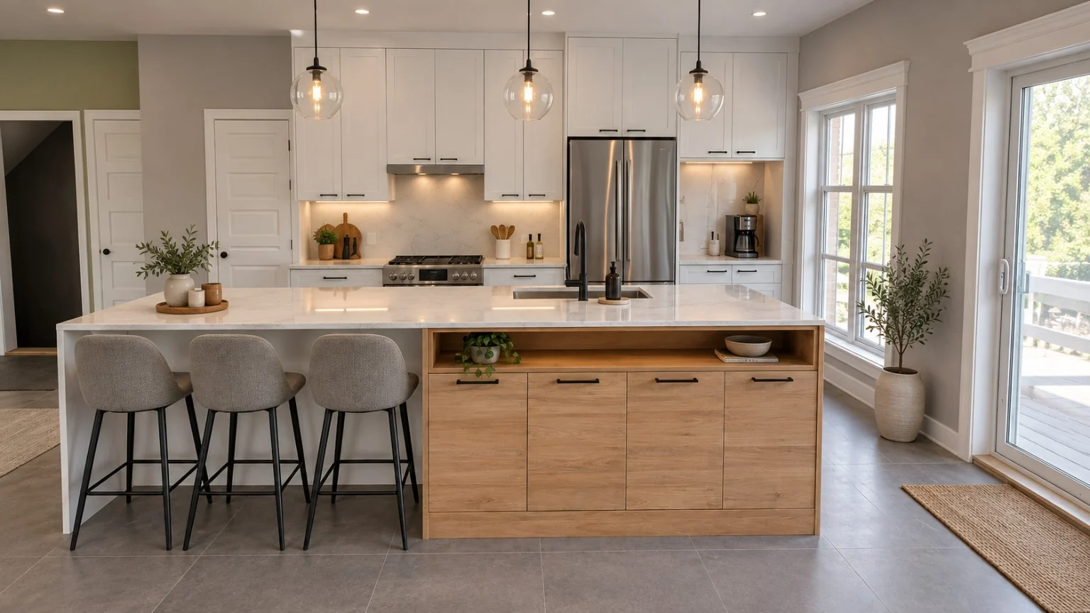 Cuisine moderne blanche avec grand îlot en bois clair réalisée par Cuisine Esthétique