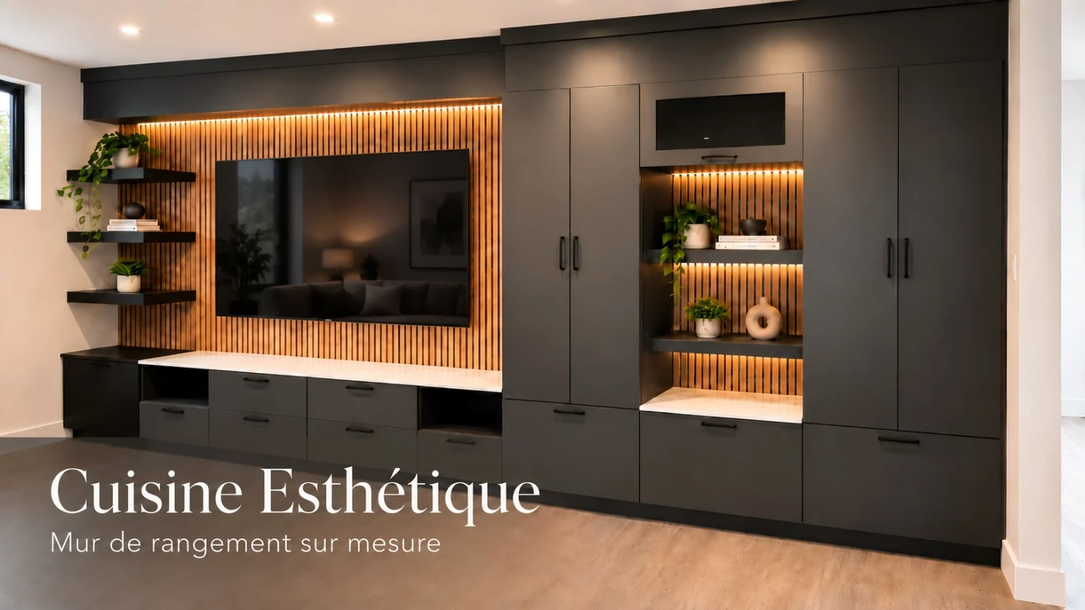 Mur de rangement sur mesure noir et bois réalisé par Cuisine Esthétique